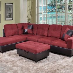 Red Microfiber Sectional Couch and Ottoman