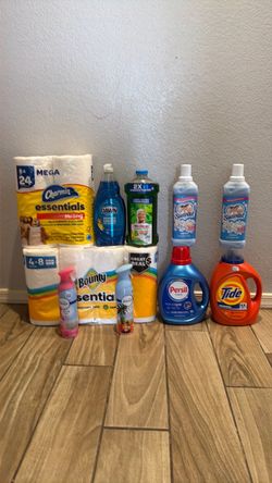 Toilet paper towels paper dishes soap Mr clean suavitel febreze and detergent Persia and tide all for $50