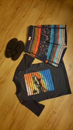 Youth Shark Themed Swim Shirt and Trunks and Shoes