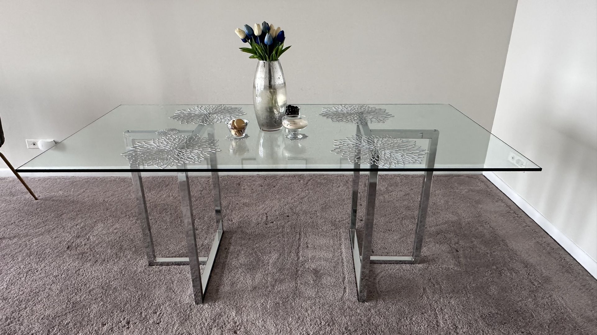 CB2 Glass Silver Chromatic Dining Table