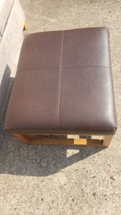 Brown Leather Ottoman with Wood Frame