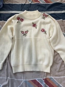 Vintage Embroidered Floral Knit Relaxed Fit Sweater Pure Jump White Size Medium