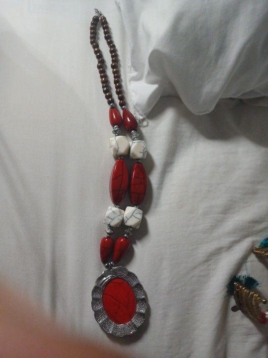 Boho Statement Necklace Red Faux Jasper Pendant White Beads Southwestern Style