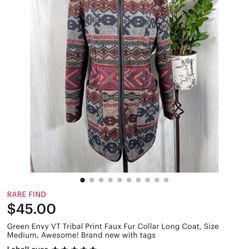 NWT Green Envy VT Tribal Print Faux Fur Collar Long Coat Size Large