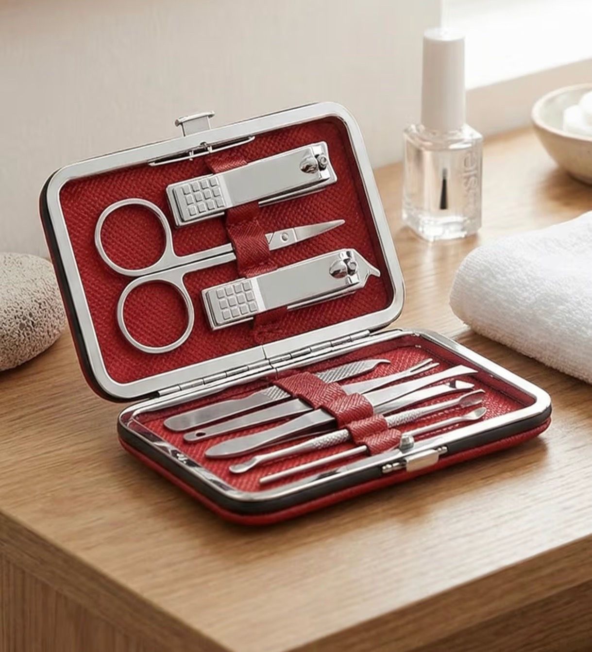 10PCS Manicure Set Nail Clipper Grooming Kit Portable Travel Red