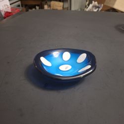MCM Hand Blown Art Glass Small Trinket Dish Geometric Patterns Trapped Within Glass Layers, Murano Style Blue & White 4"
