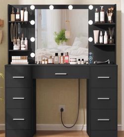 Vanity desk with mirror and lights