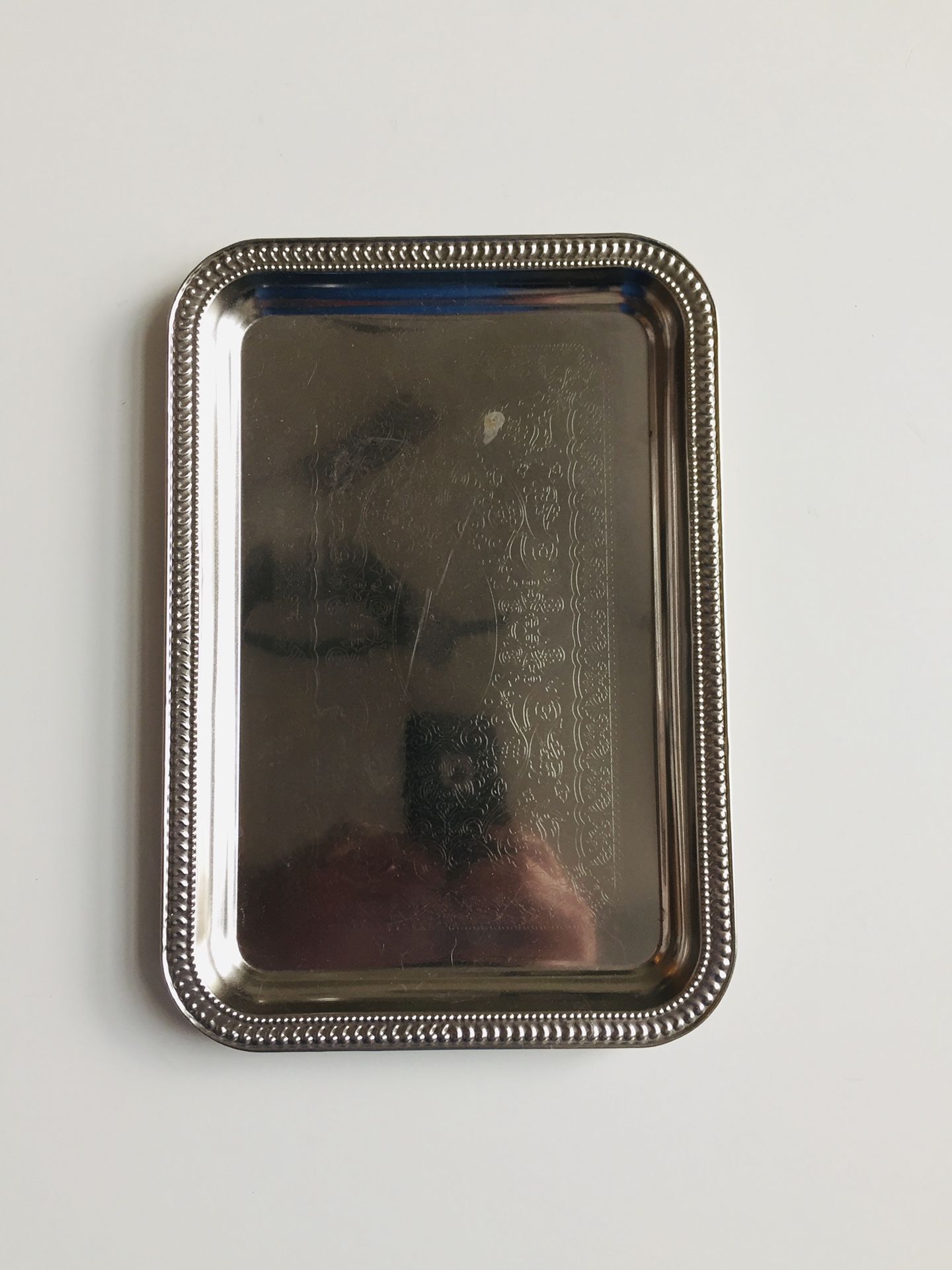 Vintage Antique. Metal Rectangular Tray. Delicate carved on metal ornament. Like new condition. 11” x 7.625”