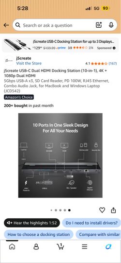 Best offer!!!!! j5create USB-C Dual HDMI Docking Station (10-in-1), 4K + 1080p Dual HDMI 5Gbps USB-A x3, SD Card Reader, PD 100W, RJ45 Ethernet, Combo