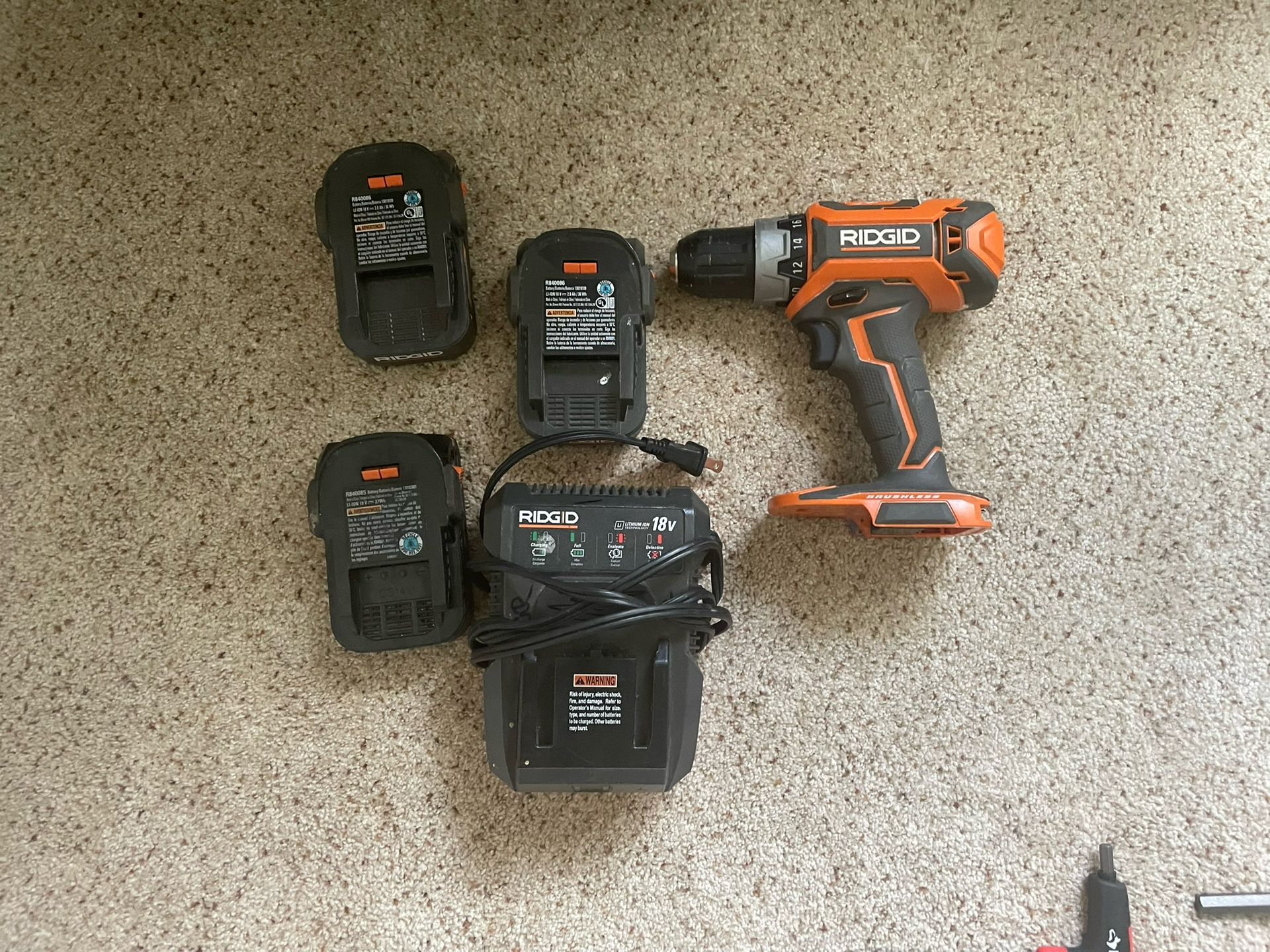 RIGID Drill + Batteries + Charger + Tools + Tool Bag