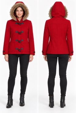 Red Women's Duffle Coat with Faux Fur Hood