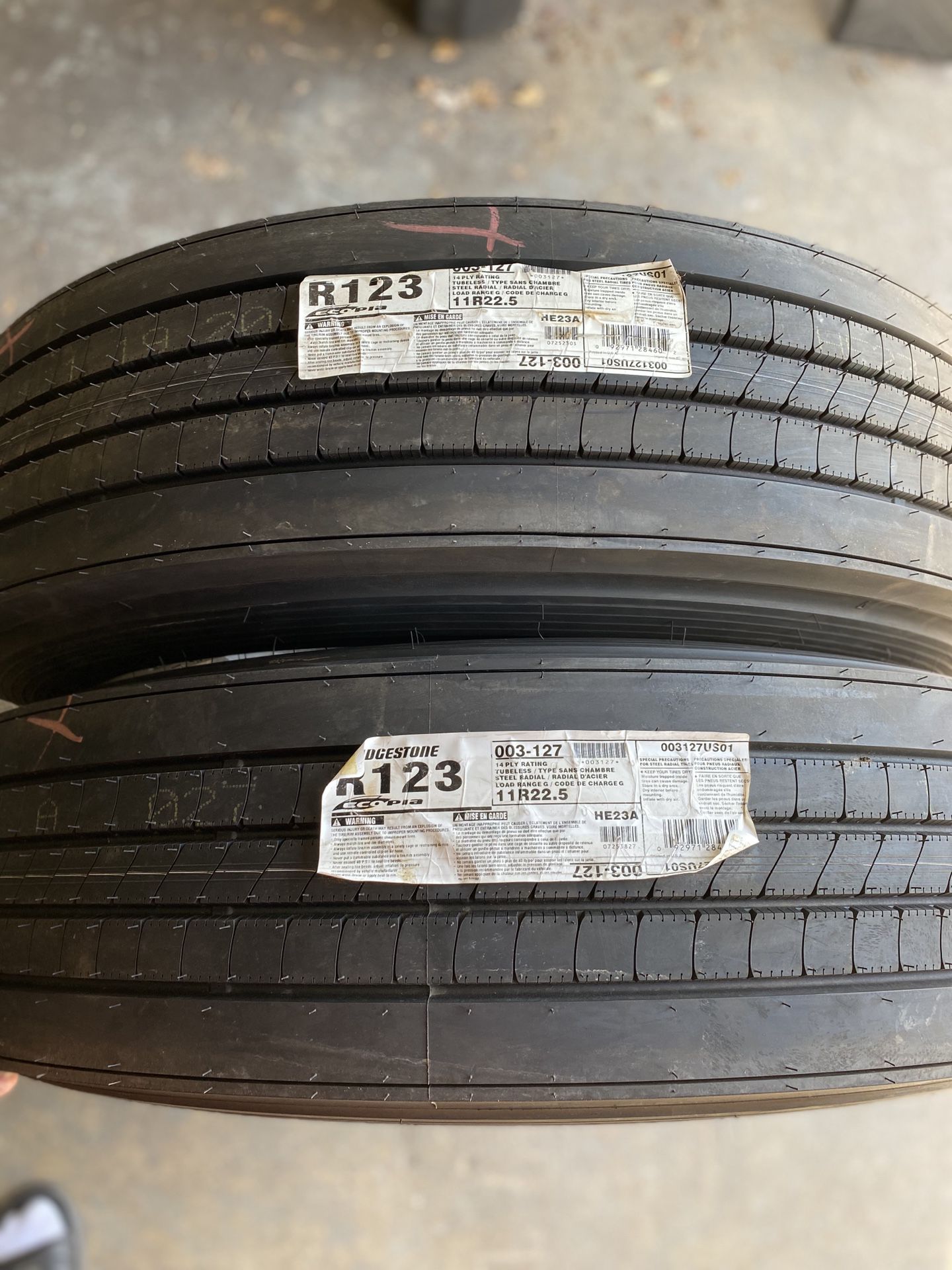 2) 11R22.5 Bridgestone R123 Ecopia Trailer Tires. Brand New Load range G DOT: 0420 $850 for both I carry other sizes as well