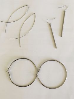 Earrings 3 Pairs Silver Large Hoops Bar