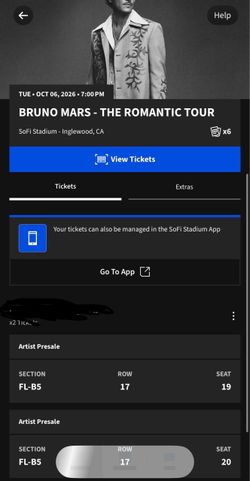 Bruno Mars 2x Floor Tickets Oct6