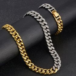 2-Pcs Iced Out 2-Tone Gold Silver 14K Gold-Plated Cubic Zirconia 18.5 Inches Miami Cuban Chain Necklace & Bracelet Set 