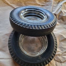 2 VINTAGE SEIBERLING SEALED-AIRE TIRE ASHTRAYS ADVERTISING
