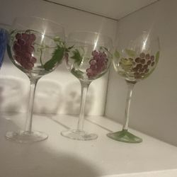 three Hand-Painted Great Wine Glasses