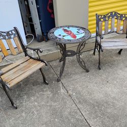 Stained Glass Rought Iron Bistro Table And 2 Chairs 
