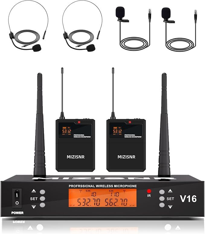 2 Channel Wireless Lapel Microphone, Set of 2 Headset & Lavalier Mics