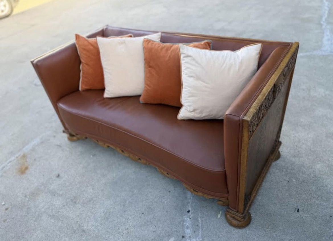 Rare Vintage Carved Wood and Leather Sofa
