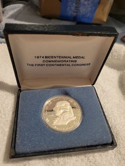 1974 First Continental Congress Bicentennial Silver Medal Proof John Adams In Box 1 Ounce .925 Silver!