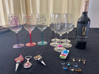 8 tall large wine glasses, wine charms & stem mustaches, 2 wine bottle stoppers & opener