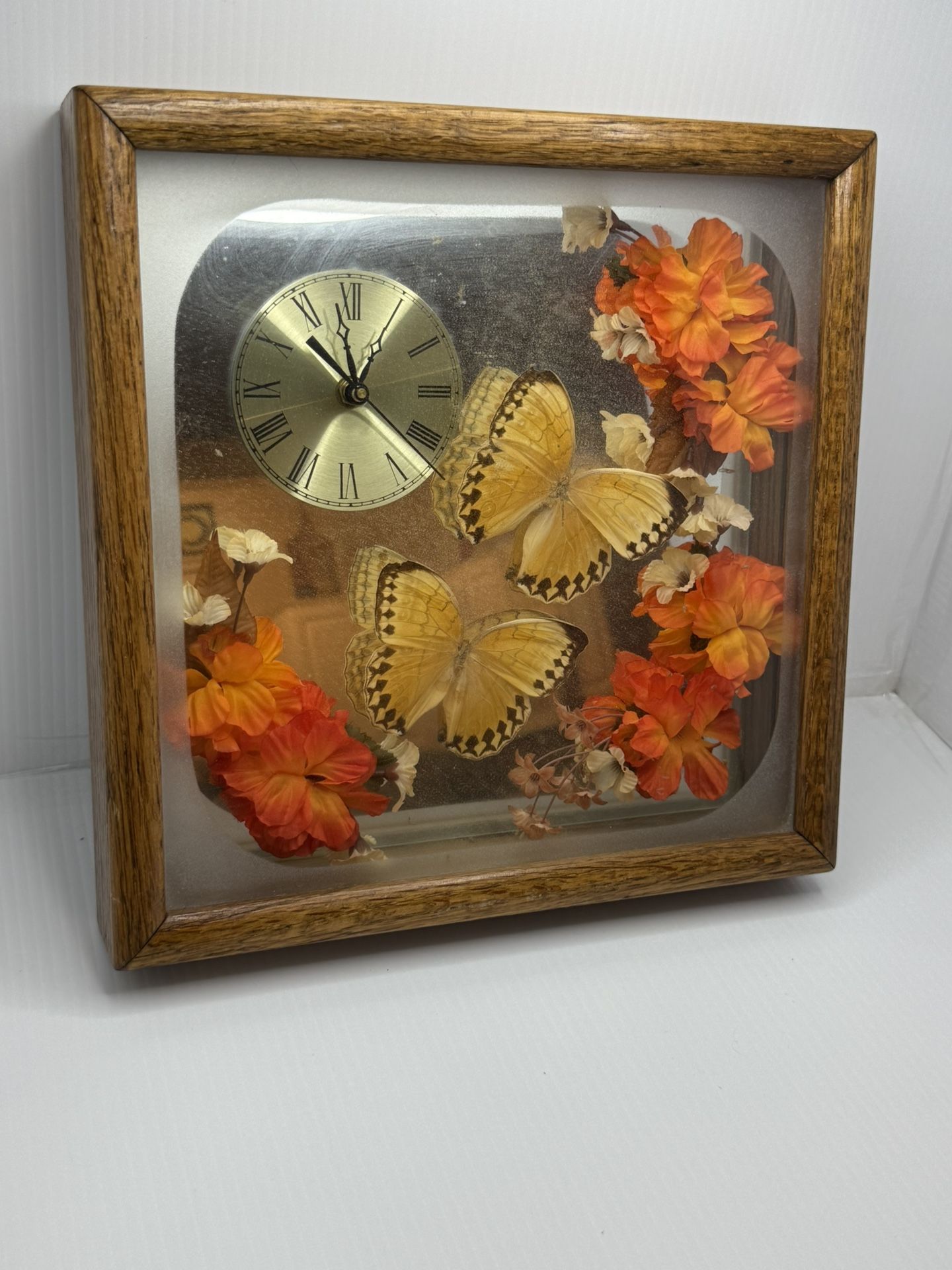 Wood Framed Taxidermy Papilo Butterfly Boho Floral Mirror Accent Clock