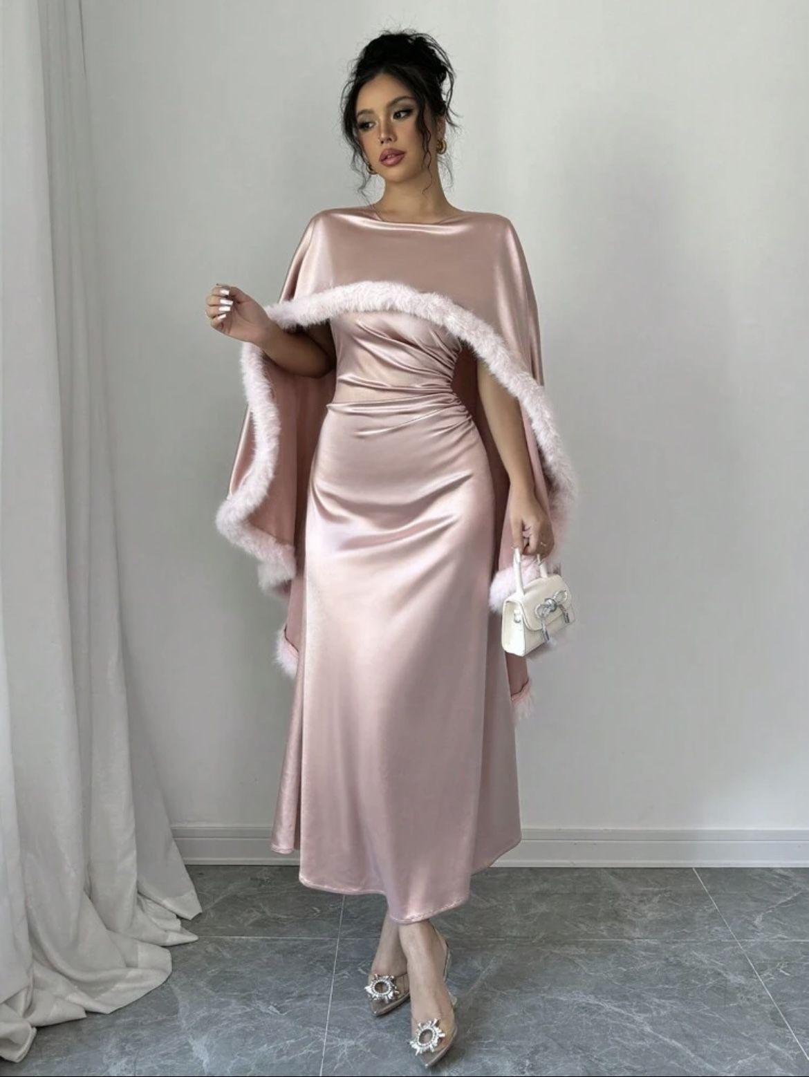 Women Shawl Collar Furry Edge Elegant Ball Gown Dress Maxi Satin Women Outfit