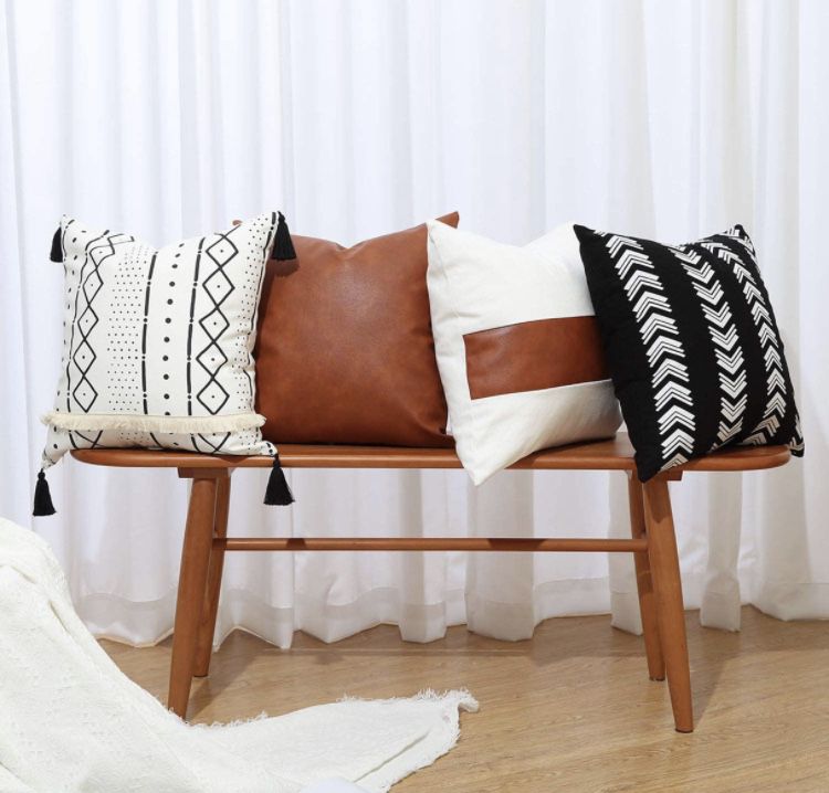 Boho Throw Pillow Covers 18 x 18 Set of 4 - Modern Stripe Geometric Farmhouse Decorative Pillow Cover Sets for Pillows - Couch Sofa Bed ,Faux Leather 