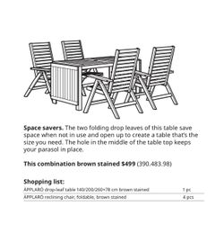 Ikea APPLARO Drop-Leaf Table, 4 Chairs with Armrests and BBQ Storage Cabinet
