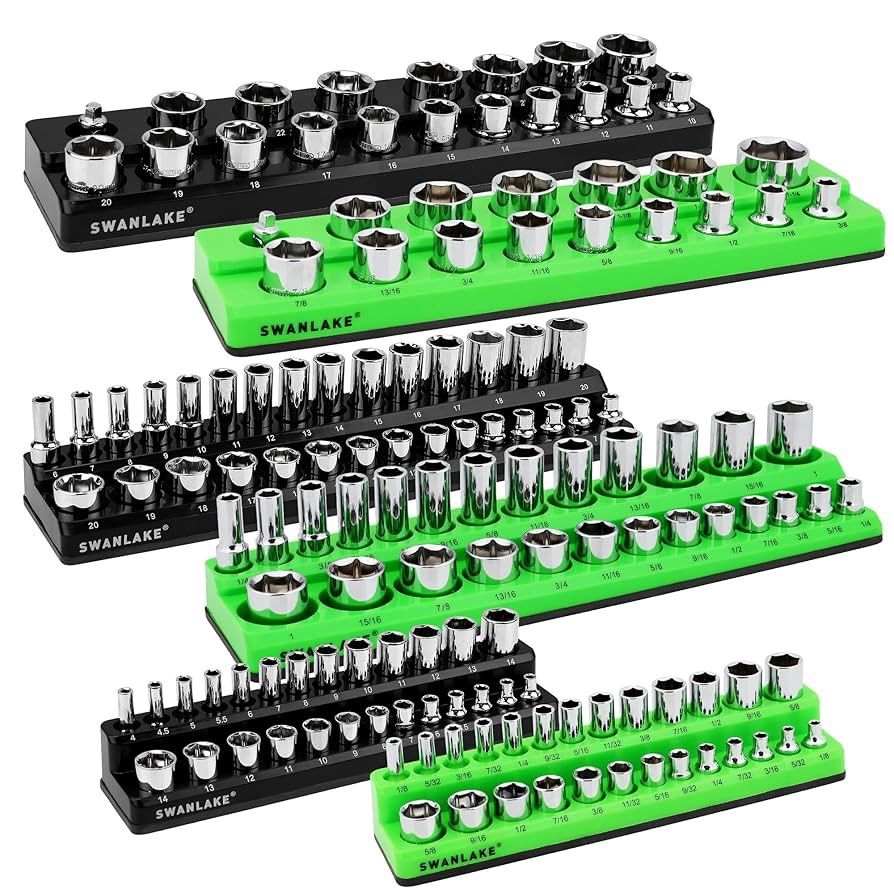 Magnetic Socket Organizer Set, 6-piece 1/4", 3/8", 1/2" SAE & Metric Socket Holder, Drive Socket Trays, Storage Tool Box, Holding 143 Slots