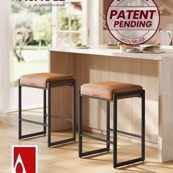 New Mid-Century Modern Set of 2, Counter Height Bar Stools, Synthetic Leather, Caramel Brown