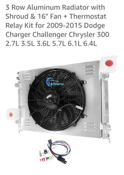 3 Row Aluminum Radiator with Shroud & 16" Fan + Thermostat Relay Kit for 2009-2015 Dodge Charger Challenger Chrysler 300 2.7L 3.5L 3.6L 5.7L 6.1L 6.4L