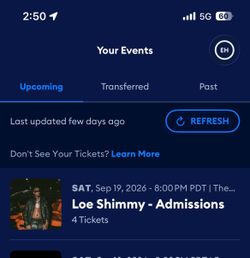 Loe Shimmy GA Pit Tickets Los Angeles 9/19/26