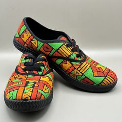 Tomcat By Umoja Size 6 Canvas Shoes W/ Bold Tribal Print - Made In Kenya - Orange/Lime Green/Black
