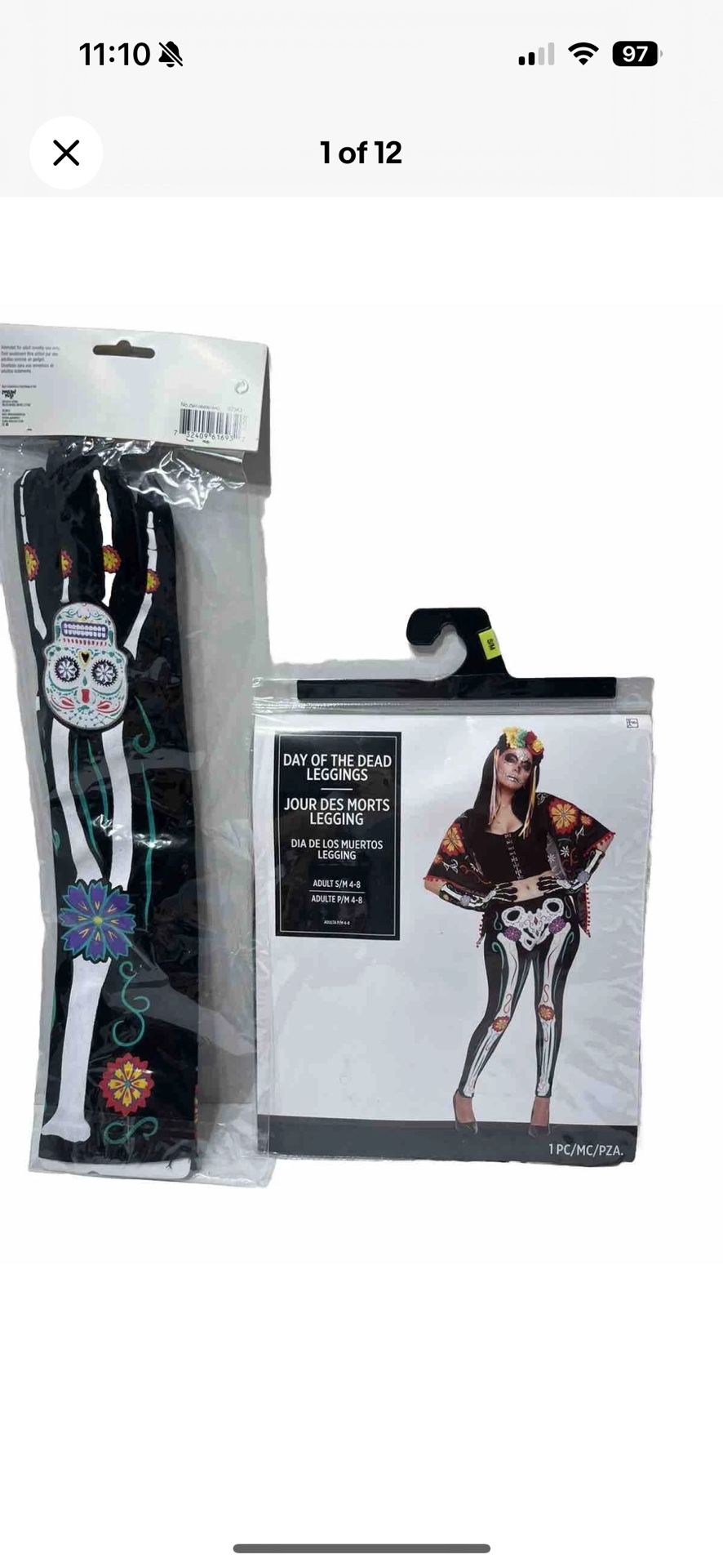 Day Of The Dead Leggings & Gloves small/medium (4-8) Adult Halloween Costume New with seal bag, brand modern hero, made in China, 95% polyester, 2 pie