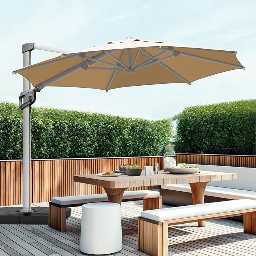 BLUU Redwood 11 FT Patio Umbrella Offset Cantilever Outdoor Umbrella Aluminum Market Hanging Umbrellas with 360° Rotation Device and Unlimited Tilting