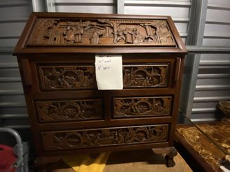 Vintage Oriental Asian Carved Drop Leaf Secretary Desk Dresser