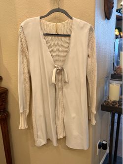 Peacock Blue Women Ivory Leather Knit Tie-Front Long Cardigan Size S/M