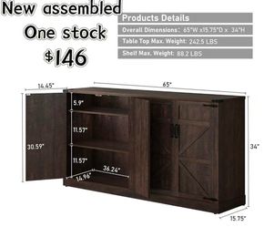 🥨65 Inch Sideboard Buffet Cabinet with Storage, Farmhouse Kitchen Pantries Sideboard Cabinets with Adjustable Shelves, Wooden Coffee Bar Cabinet Buff