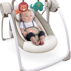 Ingenuity Soothe 'n Delight Compact Portable 6-Speed Plush Baby Swing with Music, Folds Easy, 0-9 Months 6-20 lbs (Cozy Kingdom)

