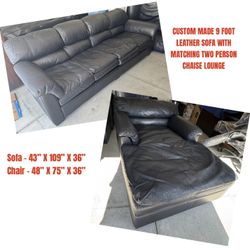 CUSTOM MADE HIGH END BLACK LEATHER 9 FOOT LEATHER SOFA WITH TWO PERSON CHAISE LOUNGE