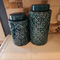 Jars , Teal Colored, Removable Lids. 