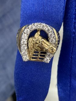 Horse head horseshoe men’s diamond ring 14k yellow gold