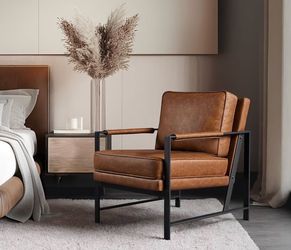 Modern Faux Leather Armchair with Metal Frame /  brown arm chair / brown leather arm chair