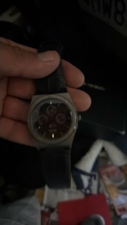 Swatch Watch with Black Leather Strap