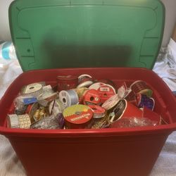 Large Plastic Storage Bin Full of Ribbon, etc-Mostly New