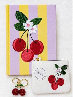 Cherry themed bundle journal, coin purse & cherry bag charm/ keychain