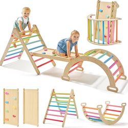 Pikler Triangle Set, 7-in-1 Foldable Pikler Triangle Climbing Toys Set for Kids,Baby Indoor Playground Jungle Gym, Wooden Montessori Climbing Set for 