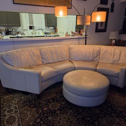 Italian Leather Curved Sofa W/Ottoman 